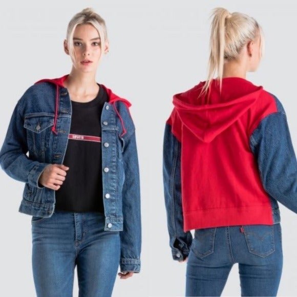 denim jacket with red hoodie